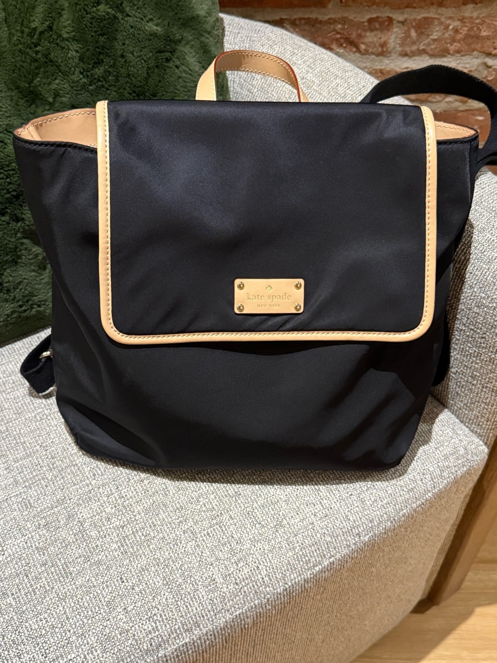 Kate Spade Black Nylon Backpack Beige Trim and Gold Plaque pink inside liner